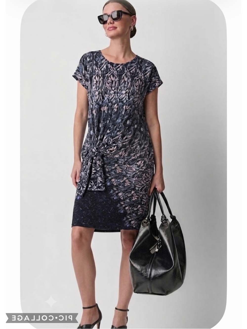 DKNY Hudson Blue Abstract Side Tie Cap Sleeve Jersey Knit Dress M Quiet Luxury